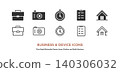 A set of vector icons (line art and colored) for everyday life and business, including bags, cameras, watches, binders, and houses. 140306032
