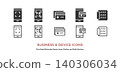 A set of vector icons (line art and colored) for payments and communications, including smartphone payments, barcodes, cards, and business phones. 140306034