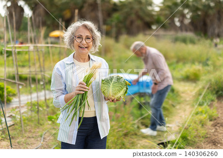 Elderly woman holds cabbage and green onions in hands 140306260