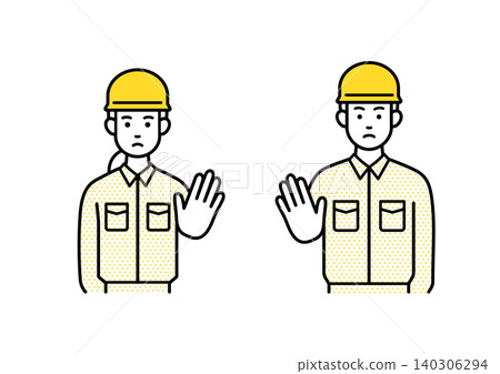 Male and female workers giving a warning Male and female workers giving a warning 140306294