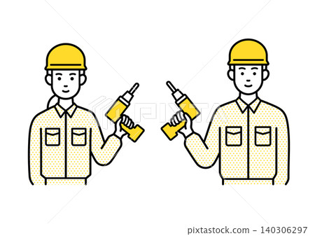 Male and female workers holding impact drivers Male and female workers holding impact drivers 140306297