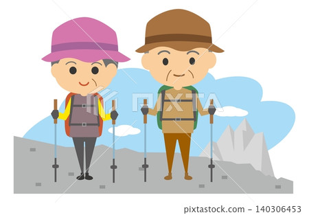 An illustration depicting a smiling senior couple hiking. An illustration depicting a smiling senior couple hiking. 140306453