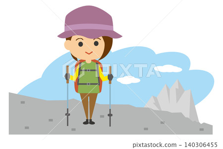 An illustration depicting a smiling young woman climbing a mountain. 140306455
