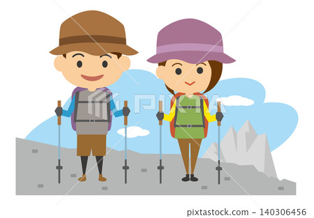 An image illustration of a smiling young man and woman hiking. An image illustration of a smiling young man and woman hiking. 140306456