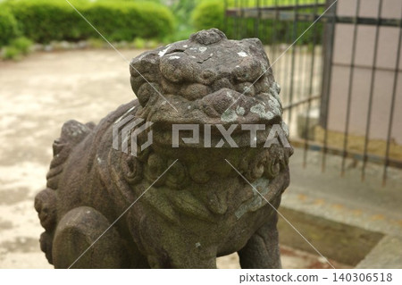 A close-up of a cracked and deteriorated guardian lion statue at a shrine. A close-up of a cracked and deteriorated guardian lion statue at a shrine. 140306518