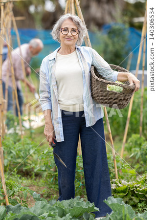 Elderly woman stands in the garden on the farm Elderly woman stands in the garden on the farm 140306534