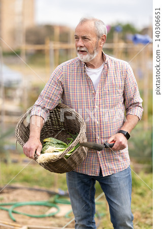 Portrait of happy elderly man with basket of vegetable harvest in garden Portrait of happy elderly man with basket of vegetable harvest in garden 140306651