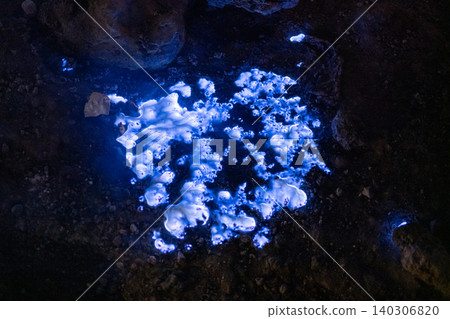 Blue flames caused by the burning of sulfur in the Ijen caldera, East Java of Indonesia. This electric-blue flame results from sulfuric gases creating a mesmerizing display visible only at night. Blue flames caused by the burning of sulfur in the Ijen caldera, East Java of Indonesia. This electric-blue flame results from sulfuric gases creating a mesmerizing display visible only at night. 140306820