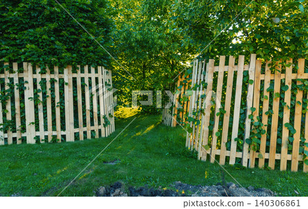 Wooden garden fence opening framed by lush green trees and vines 140306861