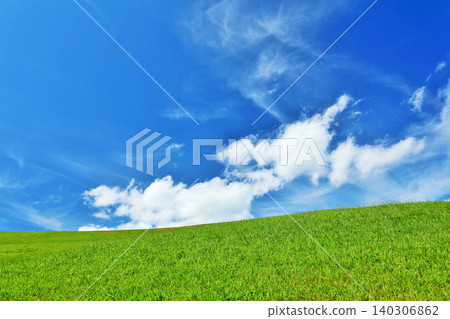 清爽的夏日藍天和清新的綠色草甸景觀 140306862