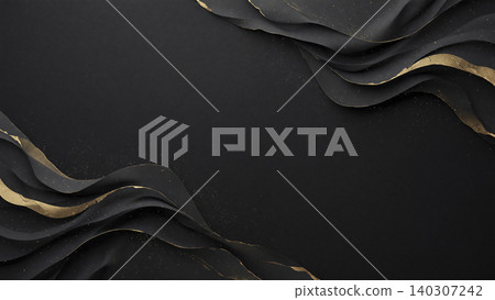A background of jet black like obsidian, smooth waves of pure gold, and swirling gold and silver powder. A background of jet black like obsidian, smooth waves of pure gold, and swirling gold and silver powder. 140307242