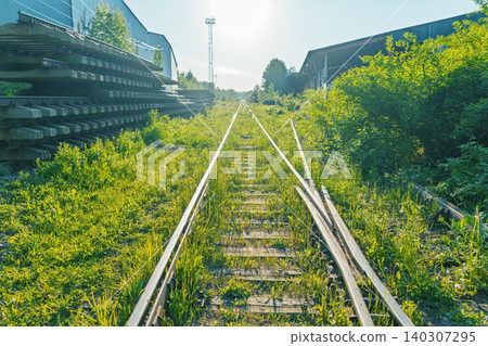 Overgrown Railway Tracks Through Industrial Yard at Sunrise Overgrown Railway Tracks Through Industrial Yard at Sunrise 140307295