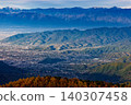 The Southern Alps mountain range and Kofu Basin bathed in the morning sun, as seen from Mount Daibosatsu. 140307458