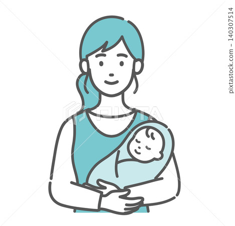 An illustration of the upper body of a mother holding a baby (front view, normal pose). An illustration of the upper body of a mother holding a baby (front view, normal pose). 140307514