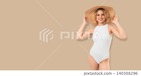 Woman models white swimsuit, showcases summer fashion, exudes confidence and beauty Woman models white swimsuit, showcases summer fashion, exudes confidence and beauty 140308296
