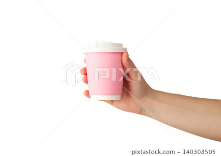 Hand holds hot pink coffee cup. Urban lifestyle and coffee culture concept, PNG Hand holds hot pink coffee cup. Urban lifestyle and coffee culture concept, PNG 140308505