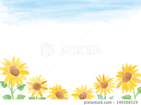 Natural-looking sunflowers and sky background painted with watercolors - horizontal format Natural-looking sunflowers and sky background painted with watercolors - horizontal format 140308529