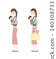 一組描繪一位女性用嬰兒背帶背著嬰兒的插圖。 140308733