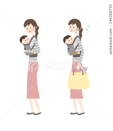 一組描繪一位女性用嬰兒背帶背著嬰兒的插圖。 一組描繪一位女性用嬰兒背帶背著嬰兒的插圖。 140308733