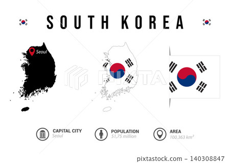 South Korea map vector illustration, including a black silhouette and a flag themed version, ideal for educational and design purposes South Korea map vector illustration, including a black silhouette and a flag themed version, ideal for educational and design purposes 140308847