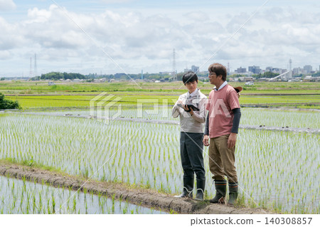 Men discussing while looking at rice paddies Men discussing while looking at rice paddies 140308857