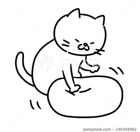 A black and white illustration of a cat kneading a cushion. A black and white illustration of a cat kneading a cushion. 140308992