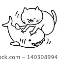 一幅黑白插圖，描繪了一隻貓正在揉捏一個鯊魚毛絨玩具。 140308994