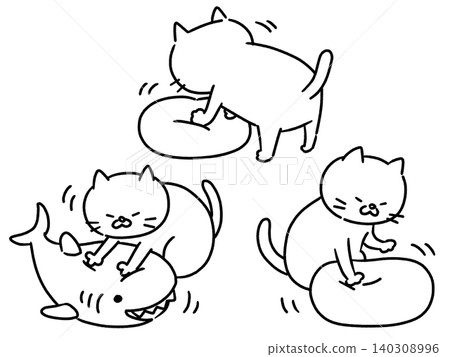 一組黑白插圖，描繪了一隻貓在揉捏靠墊。 140308996