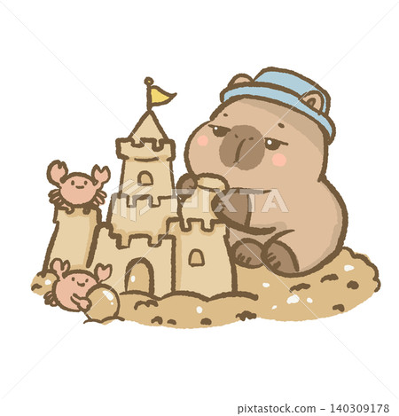 Cute Capybara Building Sandcastle On Sunny Beach With Happy Crabs Summer Seaside Vacation Creative Sand Play Character Illustration 140309178