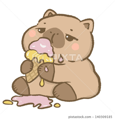 Cute Capybara Eating Melting Ice Cream Cone Sweet Summer Dessert Treat Funny Food Lover Character With Dripping Ice Cream Illustration 140309185
