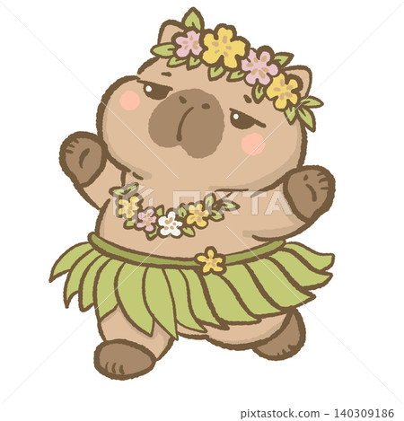 Cute Capybara Wearing Hawaiian Flower Crown And Grass Skirt Performing Tropical Hula Dance Island Vacation Character Illustration 140309186