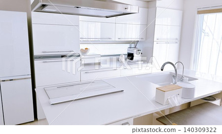 A home with an island kitchen, predominantly white in color. 140309322