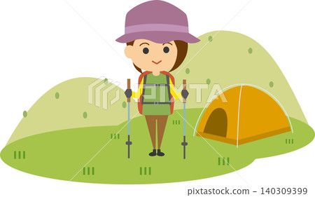 An illustration depicting a woman enjoying trekking. An illustration depicting a woman enjoying trekking. 140309399