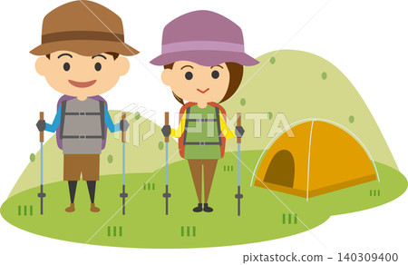 An illustration depicting a man and woman enjoying trekking. An illustration depicting a man and woman enjoying trekking. 140309400