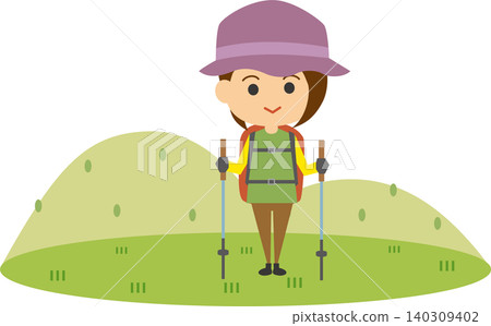An illustration depicting a woman enjoying trekking. An illustration depicting a woman enjoying trekking. 140309402
