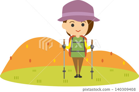 An illustration depicting a woman enjoying trekking. An illustration depicting a woman enjoying trekking. 140309408