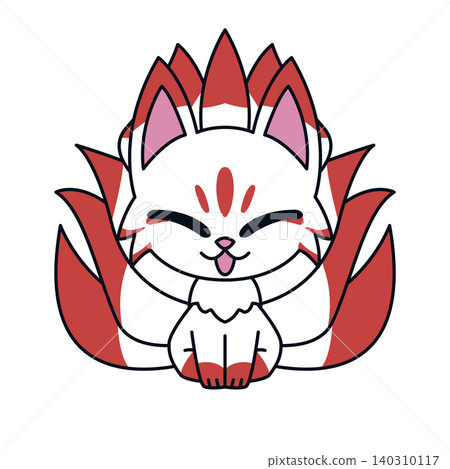 A simple, full-body illustration of a nine-tailed fox with its mouth open. A simple, full-body illustration of a nine-tailed fox with its mouth open. 140310117