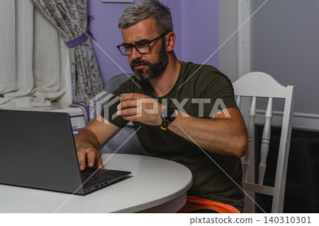 Working from home with coffee at the table during a morning break Working from home with coffee at the table during a morning break 140310301