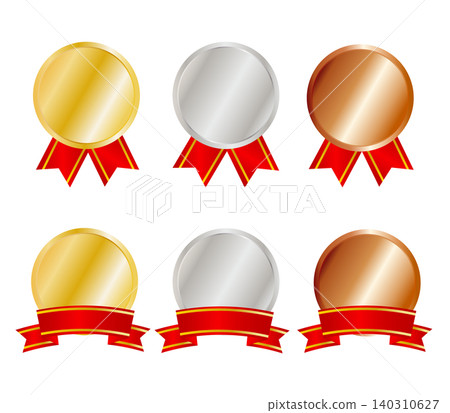 Gold, silver, and bronze medal frame set with ribbon and title. Gold, silver, and bronze medal frame set with ribbon and title. 140310627