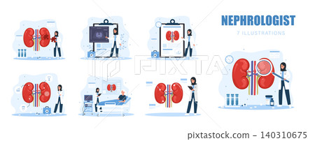 Nephrologist concept. Medical set of diagnosis, dialysis and surgery with doctors and patients for treatment. Vector illustration in flat cartoon style Nephrologist concept. Medical set of diagnosis, dialysis and surgery with doctors and patients for treatment. Vector illustration in flat cartoon style 140310675