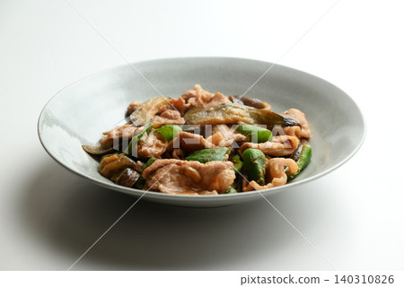 Stir-fried eggplant, green pepper and pork with miso Stir-fried eggplant, green pepper and pork with miso 140310826