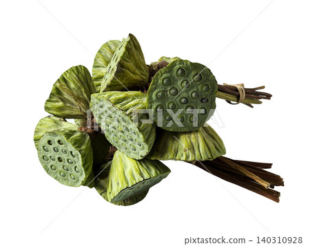 Fresh green lotus seed pods tied in a bunch, isolated on a pure white background.  140310928