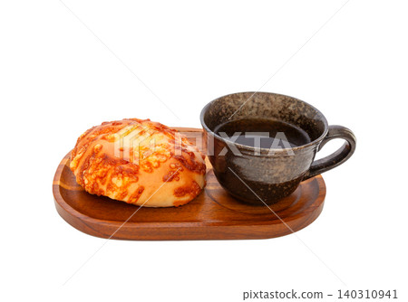 Cheese bagel made with domestic wheat and coffee [White background, cutout] 140310941