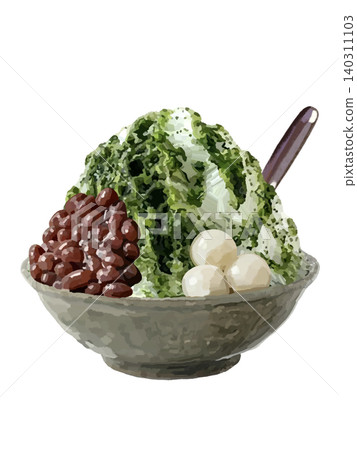 Shaved ice (Uji Kintoki) with red bean paste, mochi balls, and spoon. Shaved ice (Uji Kintoki) with red bean paste, mochi balls, and spoon. 140311103