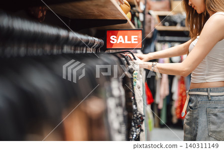 Young adult woman gen Z shopping choosing used clothing second hand shop fast fashion lifestyles Young adult woman gen Z shopping choosing used clothing second hand shop fast fashion lifestyles 140311149