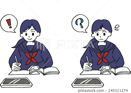 A set of illustrations of female students in sailor uniforms struggling with or having flashes of inspiration while studying for cram school or entrance exams. A set of illustrations of female students in sailor uniforms struggling with or having flashes of inspiration while studying for cram school or entrance exams. 140311174