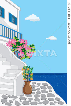 Mediterranean Coastal Village Vector Illustration with White Buildings and Blue Sea Mediterranean Coastal Village Vector Illustration with White Buildings and Blue Sea 140311218