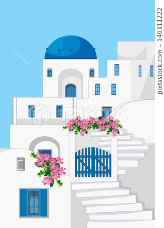 Mediterranean Coastal Village Vector Illustration with White Buildings and Blue Domes Mediterranean Coastal Village Vector Illustration with White Buildings and Blue Domes 140311222