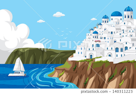 Scenic Mediterranean Coastal Village with White Buildings and Blue Domes by Sea Scenic Mediterranean Coastal Village with White Buildings and Blue Domes by Sea 140311223