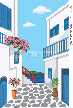 Mediterranean Coastal Village Street with White Buildings and Blue Shutters Mediterranean Coastal Village Street with White Buildings and Blue Shutters 140311226